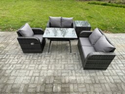 Rackhams 5 Pieces Outdoor Garden Dining Sets Rattan Furniture With Dining Table Armchairs Love Sofa Side Table Dark Grey Mixed - thumbnail 2