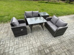 Rackhams 5 Pieces Outdoor Garden Dining Sets Rattan Furniture With Dining Table Armchairs Love Sofa Side Table Dark Grey Mixed