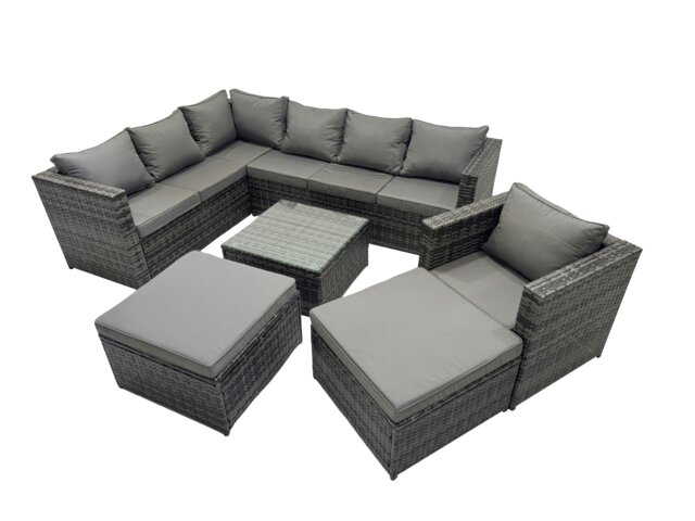 Rackhams Rattan Garden Furniture Patio Furniture Sets with Corner Sofa Chair Square Coffee Table 2 Big Footstools Dark Grey Mixed - image 1