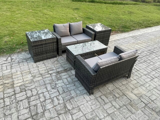 Rackhams High Back Rattan Garden Furniture Sofa Sets with Rectangular Coffee Table 2 Side Tables Dark Grey Mixed - image 1