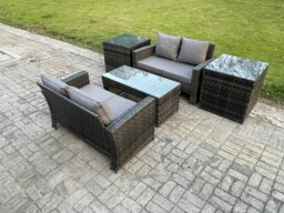 Rackhams High Back Rattan Garden Furniture Sofa Sets with Rectangular Coffee Table 2 Side Tables Dark Grey Mixed - thumbnail 2