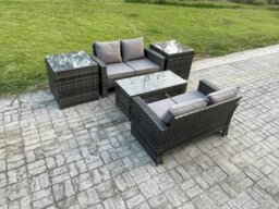 Rackhams High Back Rattan Garden Furniture Sofa Sets with Rectangular Coffee Table 2 Side Tables Dark Grey Mixed - thumbnail 1