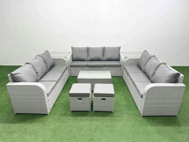 Rackhams PE Rattan Lounge Sofa Set 11 Seater Outdoor Garden Furniture Set with Rectangular Coffee Table 3 Seater Sofa 2 Stools 2 Side Table Light Grey - image 1