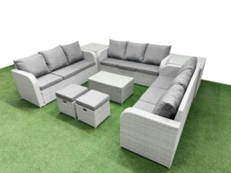 Rackhams PE Rattan Lounge Sofa Set 11 Seater Outdoor Garden Furniture Set with Rectangular Coffee Table 3 Seater Sofa 2 Stools 2 Side Table Light Grey - thumbnail 2