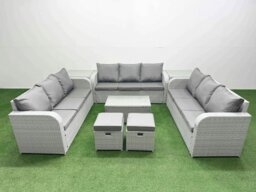 Rackhams PE Rattan Lounge Sofa Set 11 Seater Outdoor Garden Furniture Set with Rectangular Coffee Table 3 Seater Sofa 2 Stools 2 Side Table Light Grey - thumbnail 1