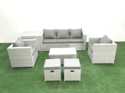 Rackhams 7 Seater Rattan Garden Furniture Set with 3 Seater Sofa 2 Chair Rectangular Coffee Table 2 Small Footstools Side Table Light Grey Mixed - thumbnail 1
