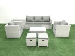 Rackhams 7 Seater Rattan Garden Furniture Set with 3 Seater Sofa 2 Chair Rectangular Coffee Table 2 Small Footstools Side Table Light Grey Mixed - thumbnail 2