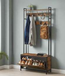 Rackhams Hall Tree with Bench, Shoe Storage, 9 Hooks, Top Shelf, Industrial Coat Rack for Hallway, Rustic Brown - thumbnail 5