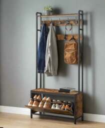 Rackhams Hall Tree with Bench, Shoe Storage, 9 Hooks, Top Shelf, Industrial Coat Rack for Hallway, Rustic Brown - thumbnail 6