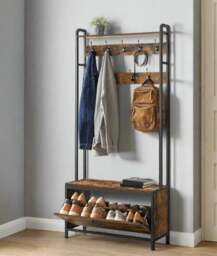 Rackhams Hall Tree with Bench, Shoe Storage, 9 Hooks, Top Shelf, Industrial Coat Rack for Hallway, Rustic Brown