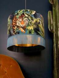 "Rackhams Big Cat Velvet Lampshade With Gold Lining and Fringing in Flint Blue - Ceiling Pendant / Arc Lamp - 40cm Diameter x 25cm Height (16"" x 10"")" - thumbnail 5