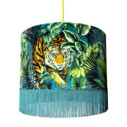 "Rackhams Big Cat Velvet Lampshade With Gold Lining and Fringing in Flint Blue - Ceiling Pendant / Arc Lamp - 40cm Diameter x 25cm Height (16"" x 10"")" - thumbnail 6