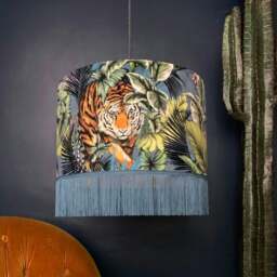 "Rackhams Big Cat Velvet Lampshade With Gold Lining and Fringing in Flint Blue - Ceiling Pendant / Arc Lamp - 40cm Diameter x 25cm Height (16"" x 10"")" - thumbnail 4