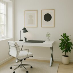 Rackhams ADONIS Gloss White and Chrome Legs Ergonomic Home Office Luxury Modern Desk - thumbnail 4