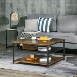 Rackhams Coffee Table, Living Room Table with 3-Tier Storage Shelves, Square Tea Table for Home Office, Rustic Brown - thumbnail 2
