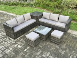 Rackhams 8 Seater Rattan Garden Furniture Sofa Set with Side Table Square Coffee Table 2 Small Footstool Indoor Outdoor Rattan Set Dark Grey Mixed - thumbnail 2