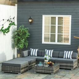 Rackhams 6 PC Rattan Sofa Coffee Table Set Sectional Wicker Weave Furniture for Garden Outdoor Conservatory w/ Pillow Cushion Grey - thumbnail 2