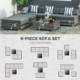 Rackhams 6 PC Rattan Sofa Coffee Table Set Sectional Wicker Weave Furniture for Garden Outdoor Conservatory w/ Pillow Cushion Grey - thumbnail 6