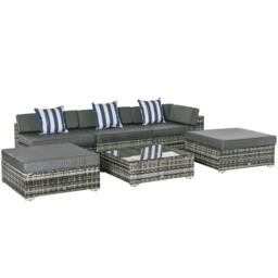 Rackhams 6 PC Rattan Sofa Coffee Table Set Sectional Wicker Weave Furniture for Garden Outdoor Conservatory w/ Pillow Cushion Grey - thumbnail 1