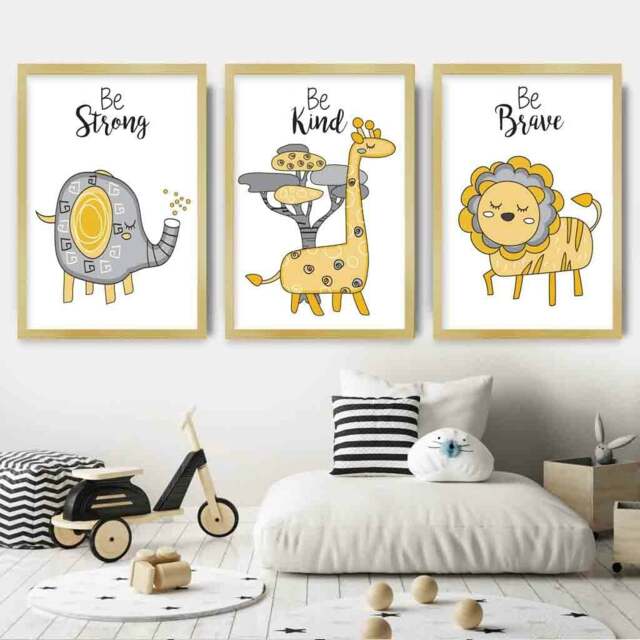 Rackhams Nursery Set of 3 FRAMED JUNGLE Animals Yellow Art Prints - 50x70cm - Gold - image 1