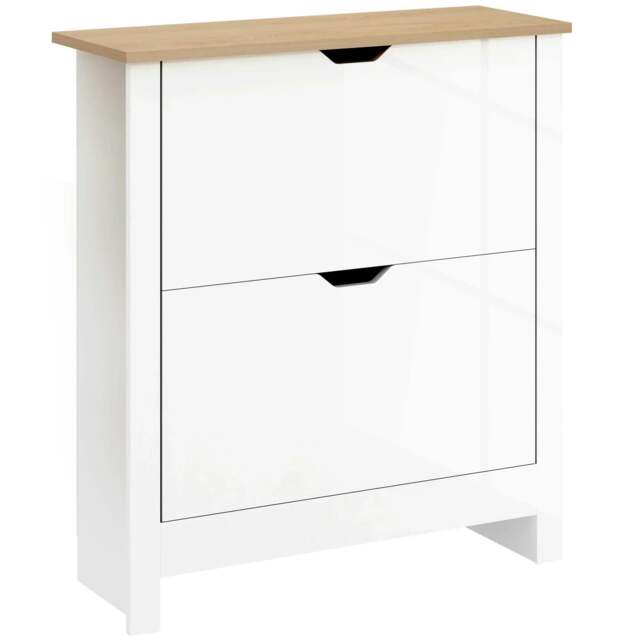 Rackhams Slim Shoe Cabinet, Narrow Shoe Cupboard with 2 Flip Drawers, Adjustable Shelves for 12 Pairs of Shoes, High Gloss White