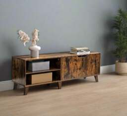 Rackhams Rustic Brown TV Stand with 2 Doors & Adjustable Shelves – 140cm Unit for TVs up to 65” – Living Room Storage Cabinet - thumbnail 1