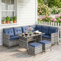 Rackhams 8 Seater Wicker Corner Sofa Patio Dining Set Rattan Garden Furniture - Dark Blue