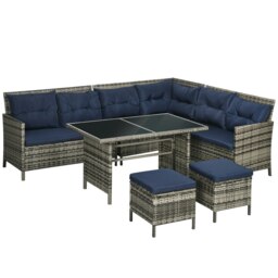 Rackhams 8 Seater Wicker Corner Sofa Patio Dining Set Rattan Garden Furniture - Dark Blue - thumbnail 2