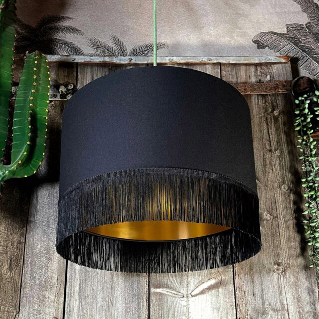 "Rackhams Jet Black Lampshade with Gold Lining & Black Fringing - Ceiling Pendant / Arc Lamp - 60cm Diameter x 30cm Height / (24"" x 12"")" - image 1