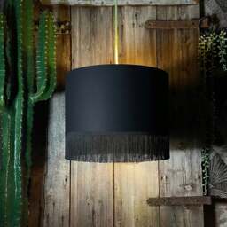 "Rackhams Jet Black Lampshade with Gold Lining & Black Fringing - Ceiling Pendant / Arc Lamp - 60cm Diameter x 30cm Height / (24"" x 12"")" - thumbnail 4