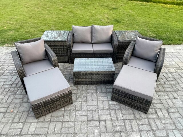 Rackhams 6 Seater Outdoor Lounge Sofa Set Rattan Garden Furniture Set with Rectangular Coffee Table 2 Big Footstool 2 Side Tables Dark Grey Mixed - image 1