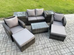 Rackhams 6 Seater Outdoor Lounge Sofa Set Rattan Garden Furniture Set with Rectangular Coffee Table 2 Big Footstool 2 Side Tables Dark Grey Mixed - thumbnail 2