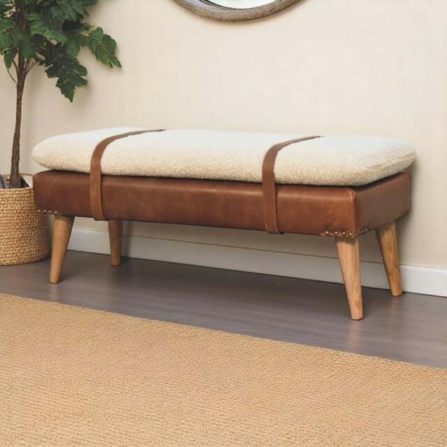 Rackhams Solid Wood BouclÃ© Buffalo Hide Leather Bench - image 1