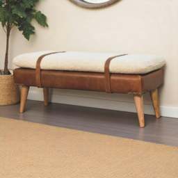 Rackhams Solid Wood BouclÃ© Buffalo Hide Leather Bench - thumbnail 1