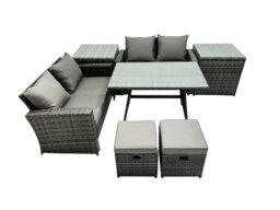 Rackhams 6 Seater Wicker PE Rattan Furniture Outdoor Dining Table Double Seat Sofa 2 Small Stools 2 Side Table Set Dark Grey Mixed - thumbnail 1