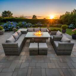 Rackhams 10 Seater Rattan Outdoor Furniture Set with Corner Sofa, Gas Fire Pit Dining Table, Side Table, 2 Small Stools - Dark Grey - thumbnail 1