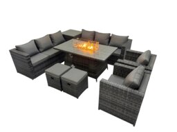 Rackhams 10 Seater Rattan Outdoor Furniture Set with Corner Sofa, Gas Fire Pit Dining Table, Side Table, 2 Small Stools - Dark Grey - thumbnail 3