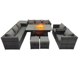 Rackhams 10 Seater Rattan Outdoor Furniture Set with Corner Sofa, Gas Fire Pit Dining Table, Side Table, 2 Small Stools - Dark Grey - thumbnail 2