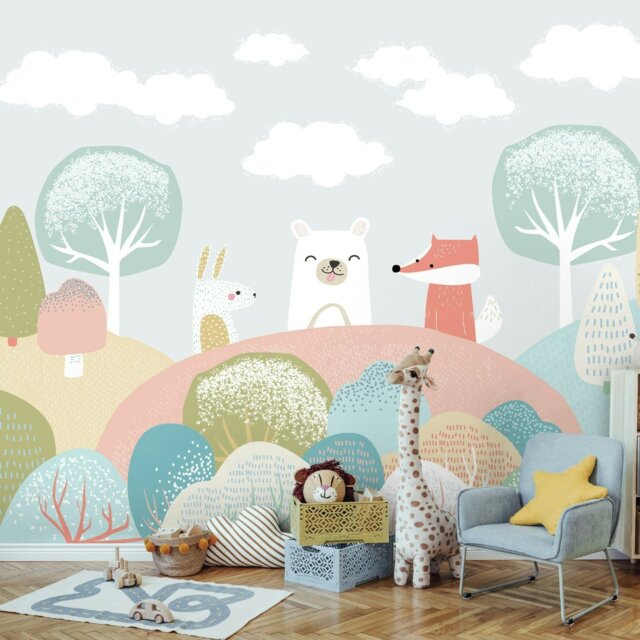 Rackhams Woodland Animals Wall Mural - Grey - Large - W350cm x H280cm - image 1