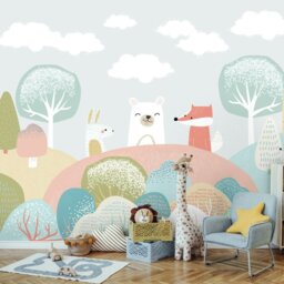 Rackhams Woodland Animals Wall Mural - Grey - Large - W350cm x H280cm - thumbnail 1