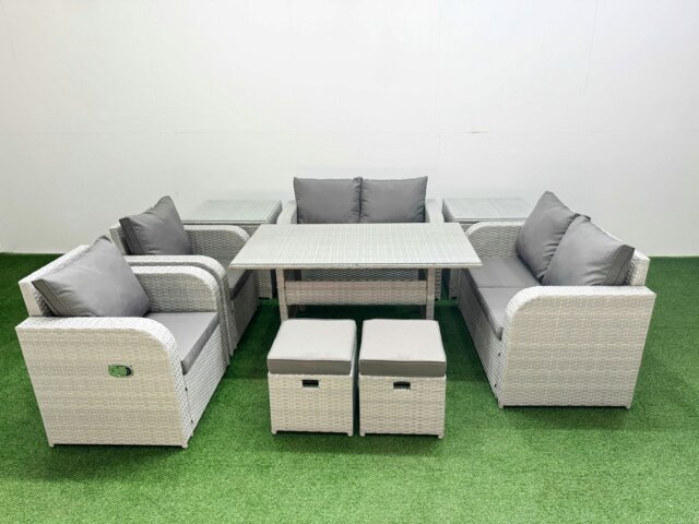 Rackhams 8 Seater Outdoor Reclining Chair Love Sofa Set Rattan Garden Furniture Set with Rectangular Dining Table 2 Stools 2 Side Table Light Grey - image 1