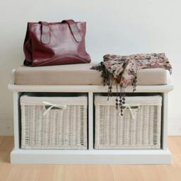 Rackhams Tetbury White Bench with White Wicker Baskets and Cream Cushion - 3 seater - thumbnail 6