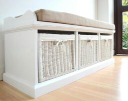 Rackhams Tetbury White Bench with White Wicker Baskets and Cream Cushion - 3 seater - thumbnail 1