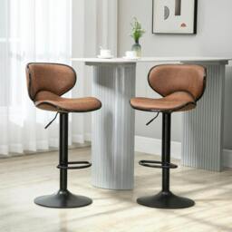 Rackhams Bar Stool Set of 2 Microfiber Cloth Adjustable Height Armless Chairs with Swivel Seat, Brown - thumbnail 2