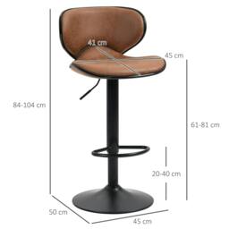 Rackhams Bar Stool Set of 2 Microfiber Cloth Adjustable Height Armless Chairs with Swivel Seat, Brown - thumbnail 3