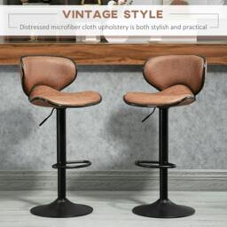 Rackhams Bar Stool Set of 2 Microfiber Cloth Adjustable Height Armless Chairs with Swivel Seat, Brown - thumbnail 4