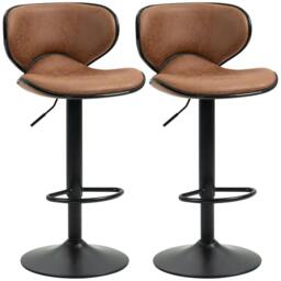 Rackhams Bar Stool Set of 2 Microfiber Cloth Adjustable Height Armless Chairs with Swivel Seat, Brown - thumbnail 1
