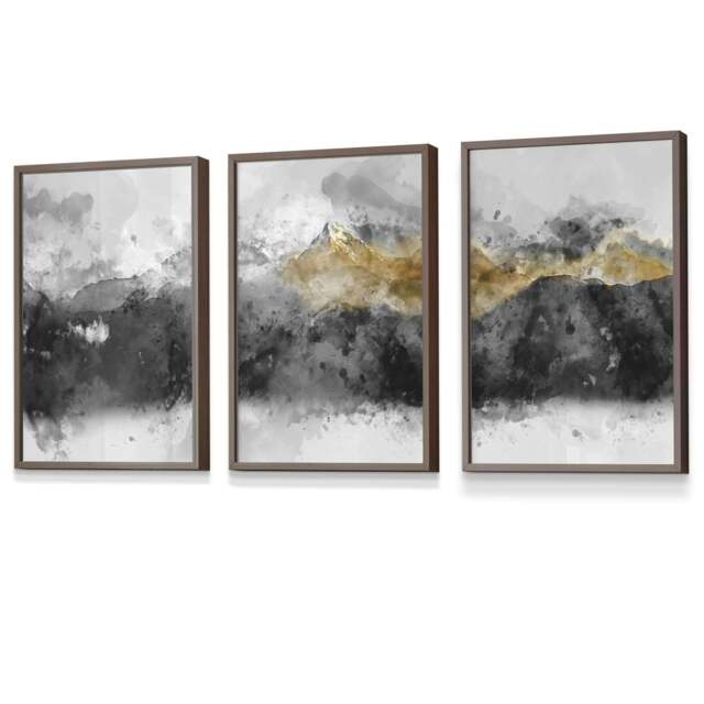 Rackhams Set of 3 Abstract Mountains Black & Grey Framed Wall Art - 30x42cm (A3) - Light Walnut - image 1