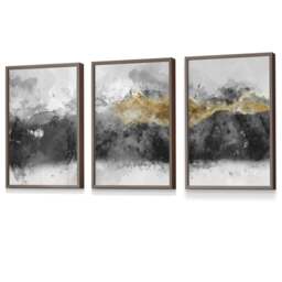 Rackhams Set of 3 Abstract Mountains Black & Grey Framed Wall Art - 30x42cm (A3) - Light Walnut