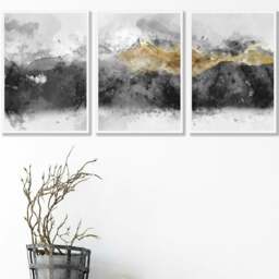 Rackhams Set of 3 Abstract Mountains Black & Grey Framed Wall Art - 30x42cm (A3) - Light Walnut - thumbnail 2